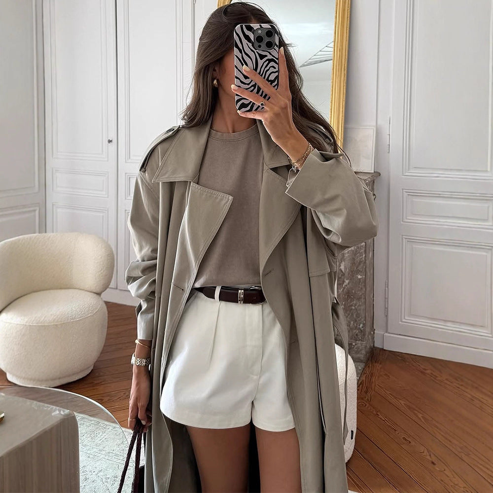 Women Oversize Trench Coat made of lightweight Gabardine with shoulder flaps and waterfall collar Mune Fashion