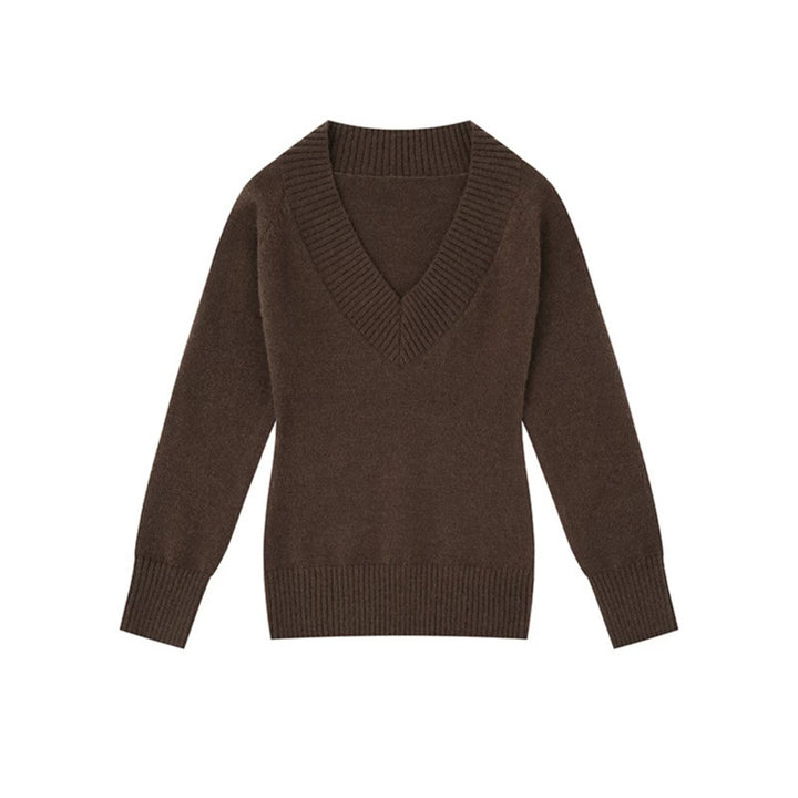 Women's fine knit pullover with deep V-neck, wide ribbed hem, and relaxed fit Mune Fashion