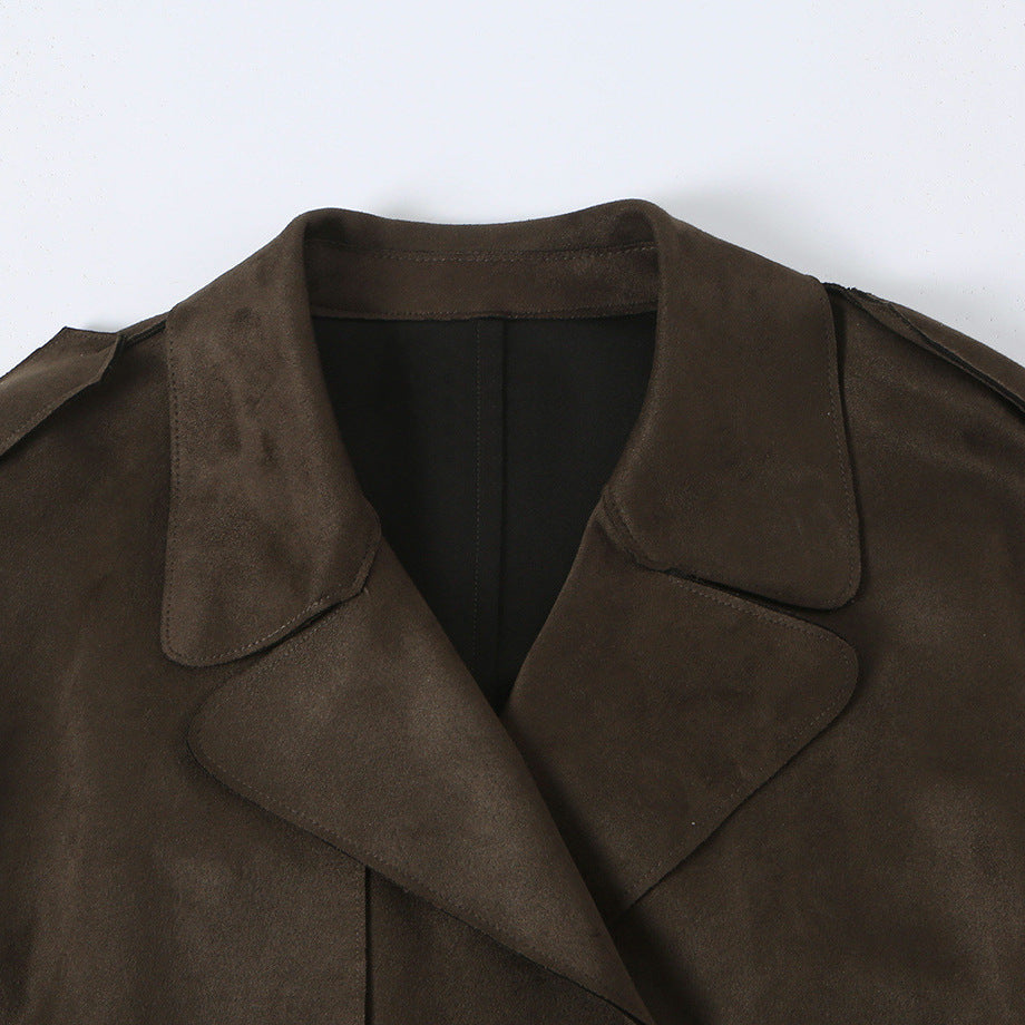 Women long cut trench coat made of suede look with tie belt Mune Fashion