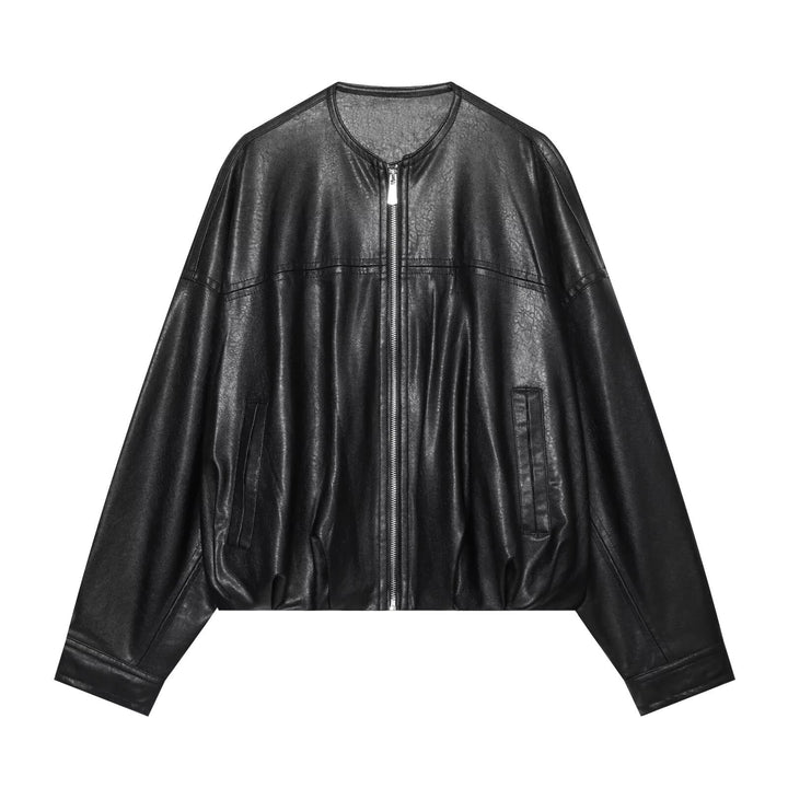 Women's Oversized Faux Leather Bomber Jacket with Round Neck, Dropped Shoulder and Elastic Hem Mune Fashion