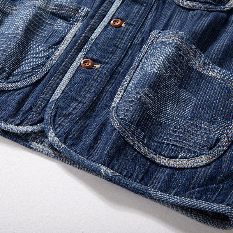 Men's Sleeveless Denim Vest in Workwear Look with Large Patch Pockets Mune Fashion