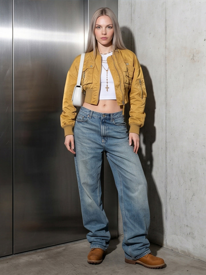 Women’s Short-Cut Utility Bomber Jacket with Practical Pockets and Ribbed Cuffs Mune Fashion