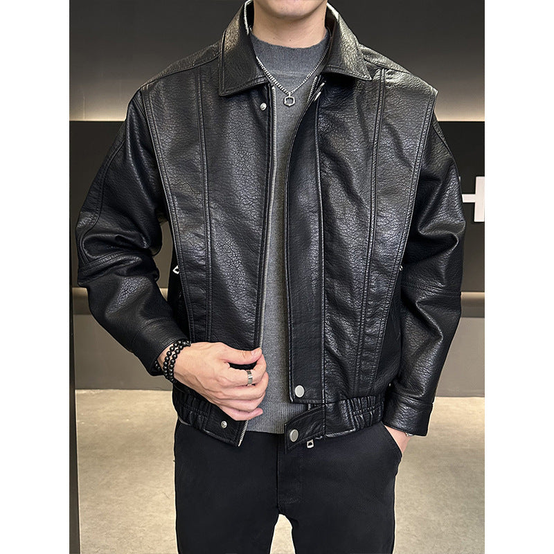 Men's Short Oversized Leather Imitation Blouson with Stand Collar, Zipper and Elastic Hem Mune Fashion