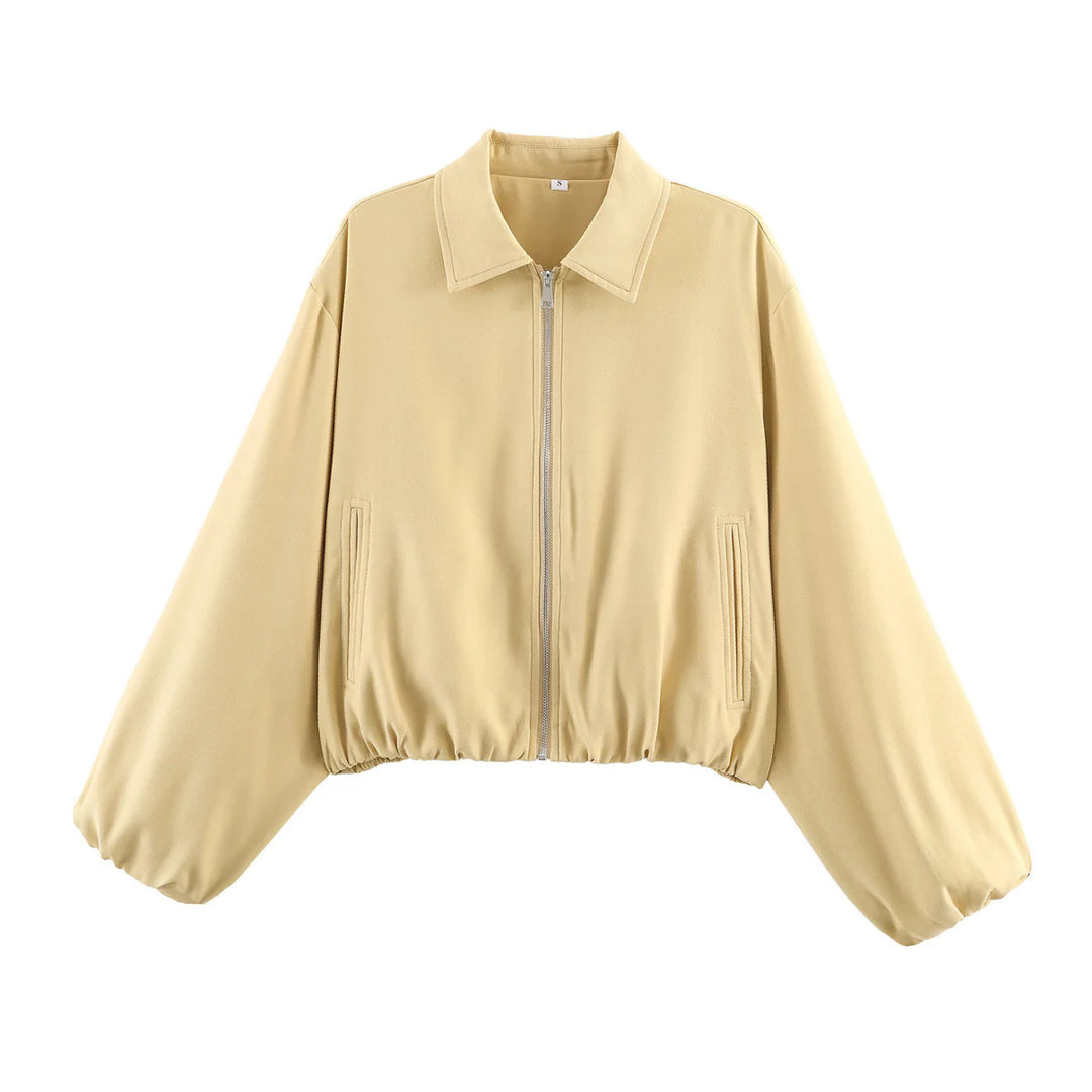 Women's Cropped Bomber Jacket with Full Zip, Wide Balloon Sleeves, and Elastic Hem Mune Fashion
