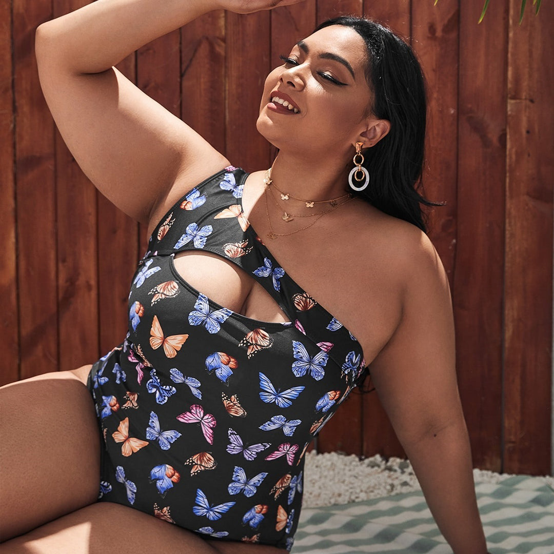 Women One-Sided Cut-Out Swimsuit with Floral Butterfly Motifs Mune Fashion