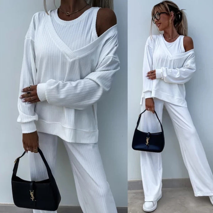 Women's elegant ribbed two-piece lounge set with one-sided off-shoulder cut and wide palazzo pant leg Mune Fashion