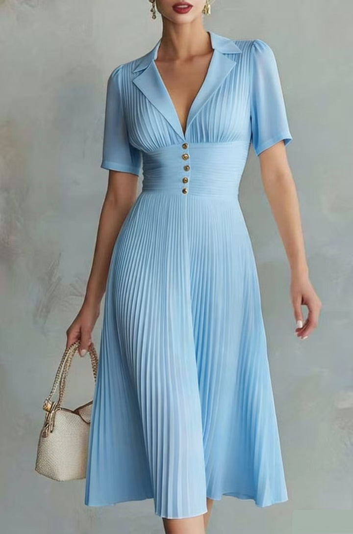 Women Pleated Midi Dress with Lapel Collar, tailored gathered waistband and decorative buttons Mune Fashion