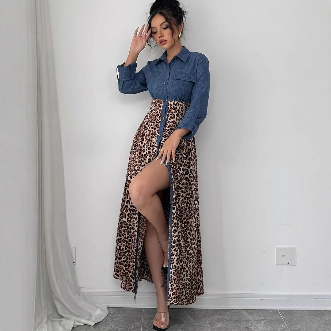 Women's Shirt Dress with Denim Top and Leopard Maxi Skirt Mune Fashion