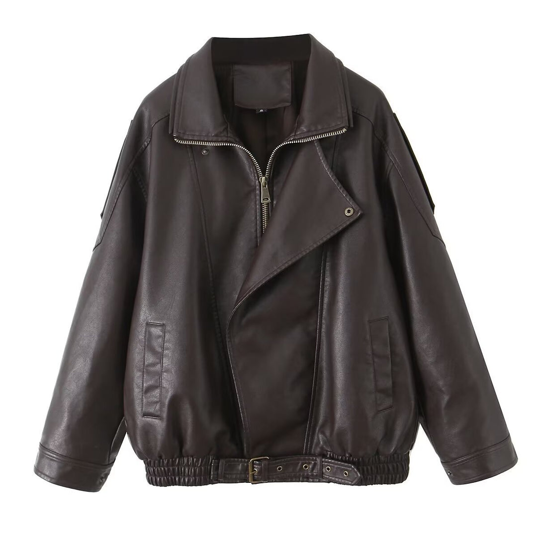 Women's Oversized Faux Leather Bomber Jacket with Asymmetrical Zipper and Waistband Mune Fashion