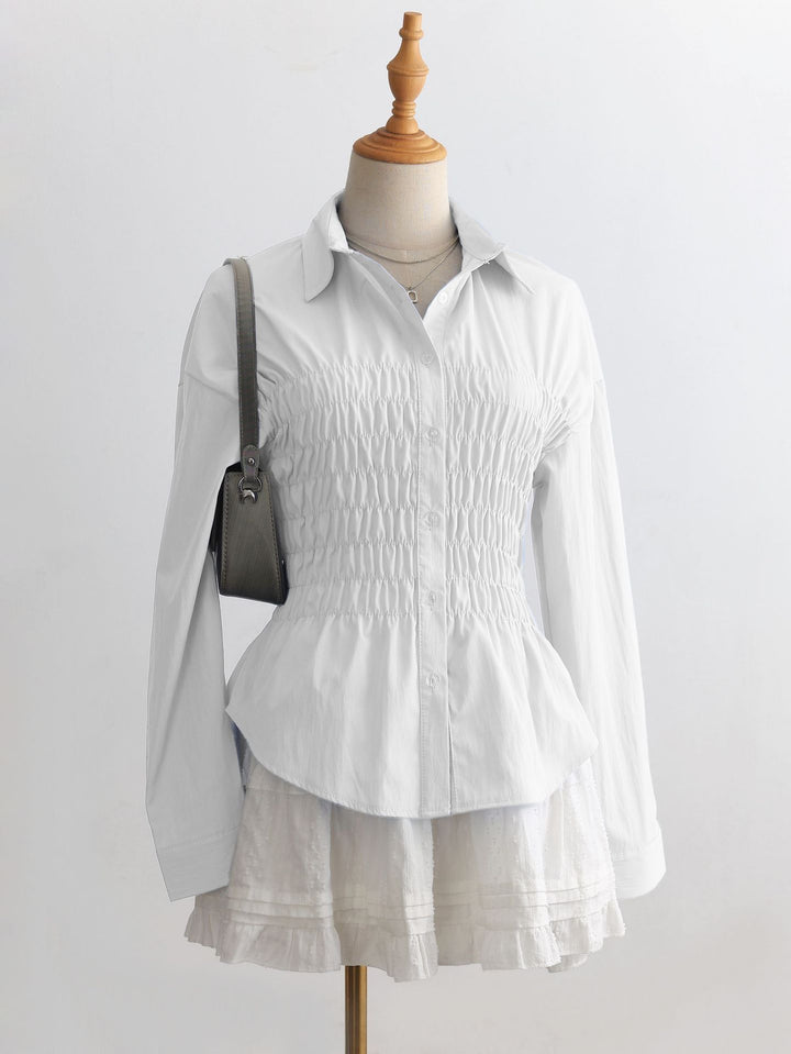 Women's tailored shirt blouse with gathered bust area and peplum Mune Fashion