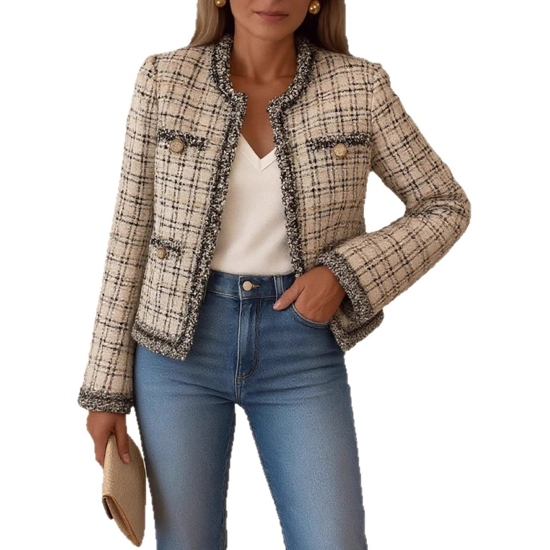 Women's short Boucle tweed jacket in classic cut with fringe trim and decorative buttons Mune Fashion
