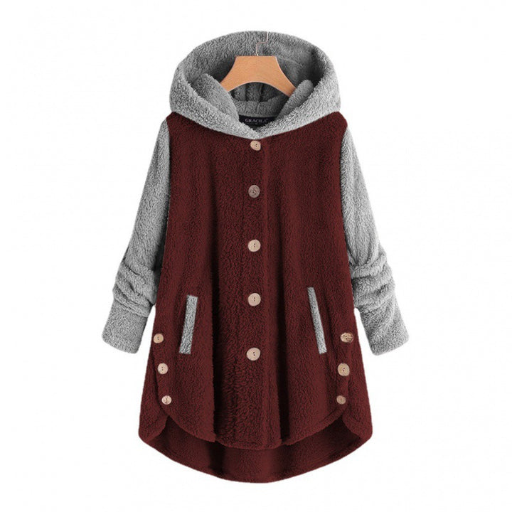 Women's Oversized Teddy Coat with Hood, Asymmetrical Zigzag Hem and Wooden Button Placket Mune Fashion