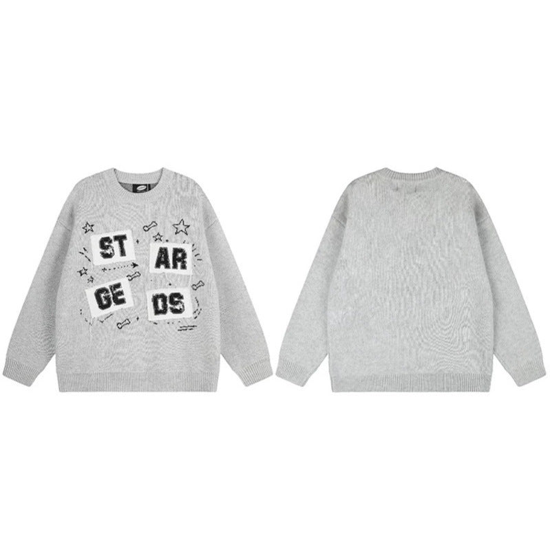 Ladies oversized knit sweater with round neck, appliqués, and vintage letter patches Mune Fashion
