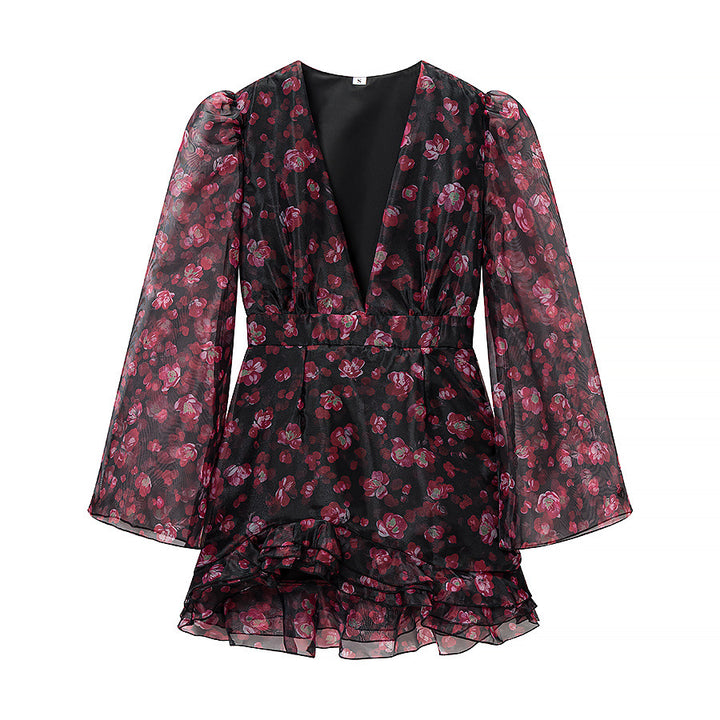 Women's Floral Chiffon Mini Dress with Deep V-Neck, Ruffle Layers and Trumpet Sleeves Mune Fashion