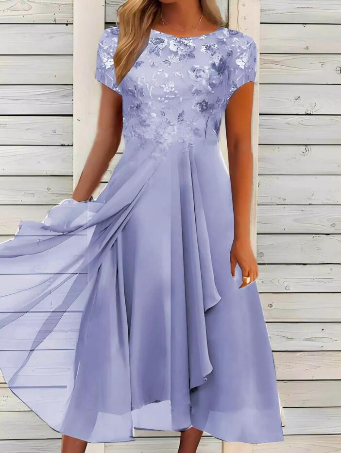 Women's flowing chiffon mid dress with floral embroidered top and asymmetrical tiered skirt Mune Fashion