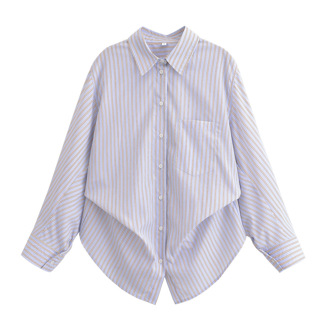 Women's Oversize Shirt Blouse with fine vertical stripes, chest pocket and rounded hem Mune Fashion