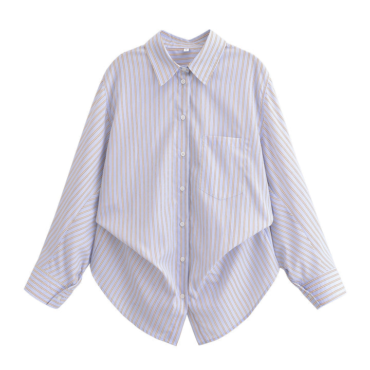 Women's Oversize Shirt Blouse with fine vertical stripes, chest pocket and rounded hem Mune Fashion