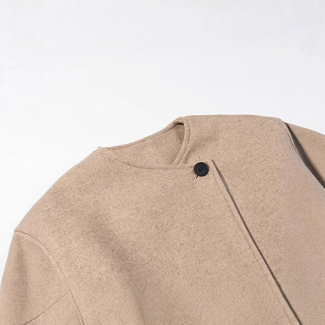 Women's Short Cut Wool Mix Boxy Jacket with Asymmetrical Button Placket Mune Fashion