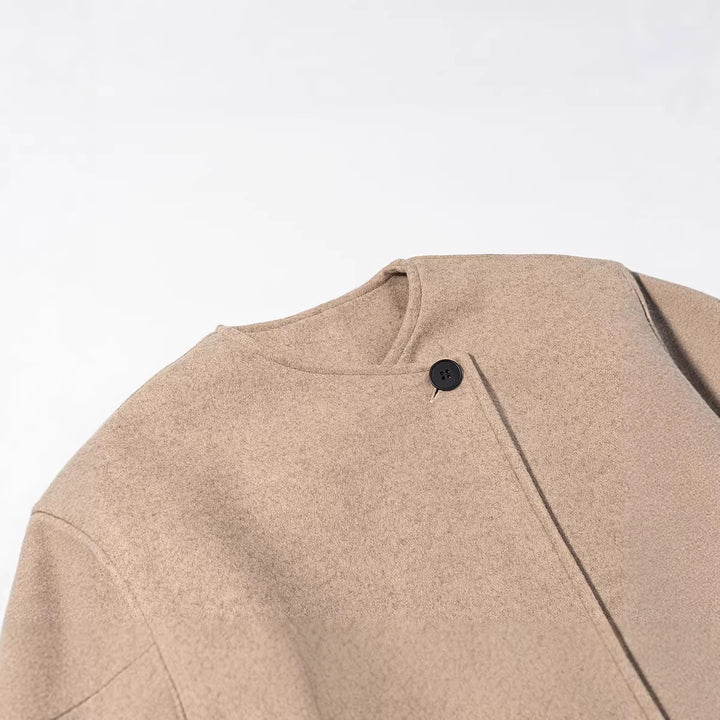 Women's Short Cut Wool Mix Boxy Jacket with Asymmetrical Button Placket Mune Fashion