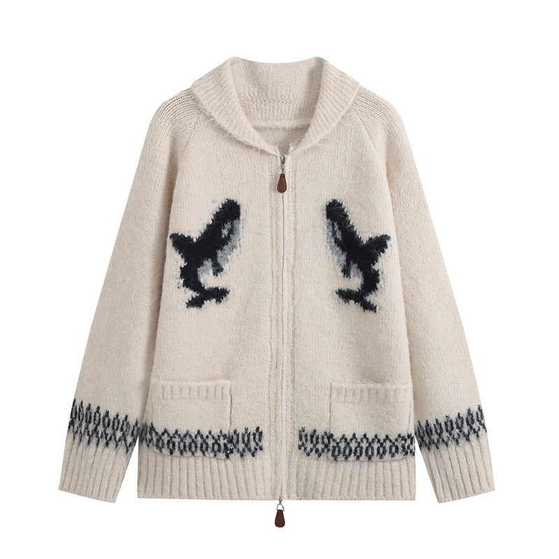 Women’s cardigan with zipper, shawl collar and whale intarsia Mune Fashion