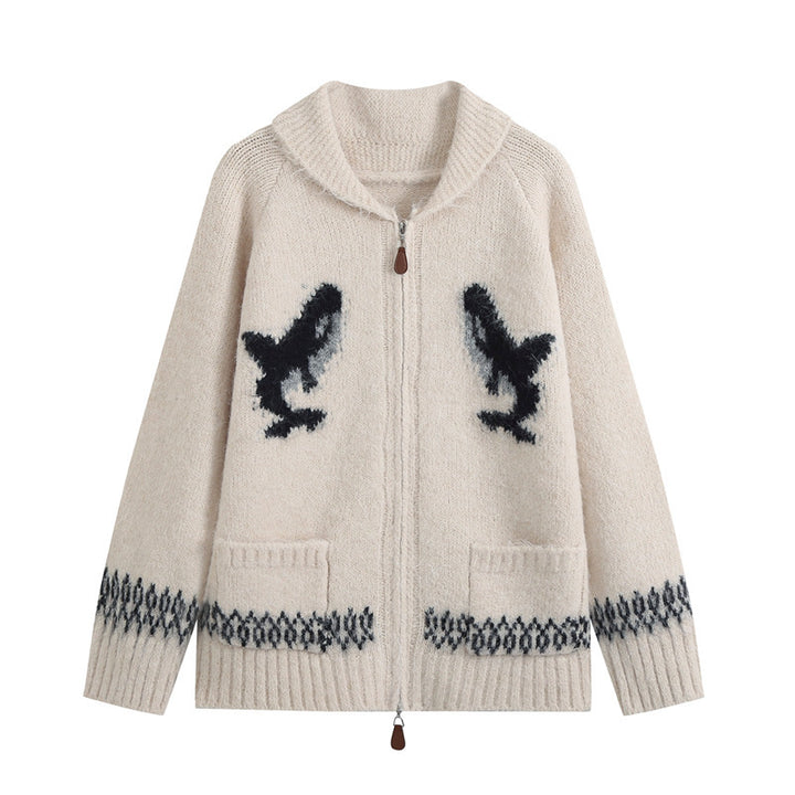 Women’s cardigan with zipper, shawl collar and whale intarsia Mune Fashion