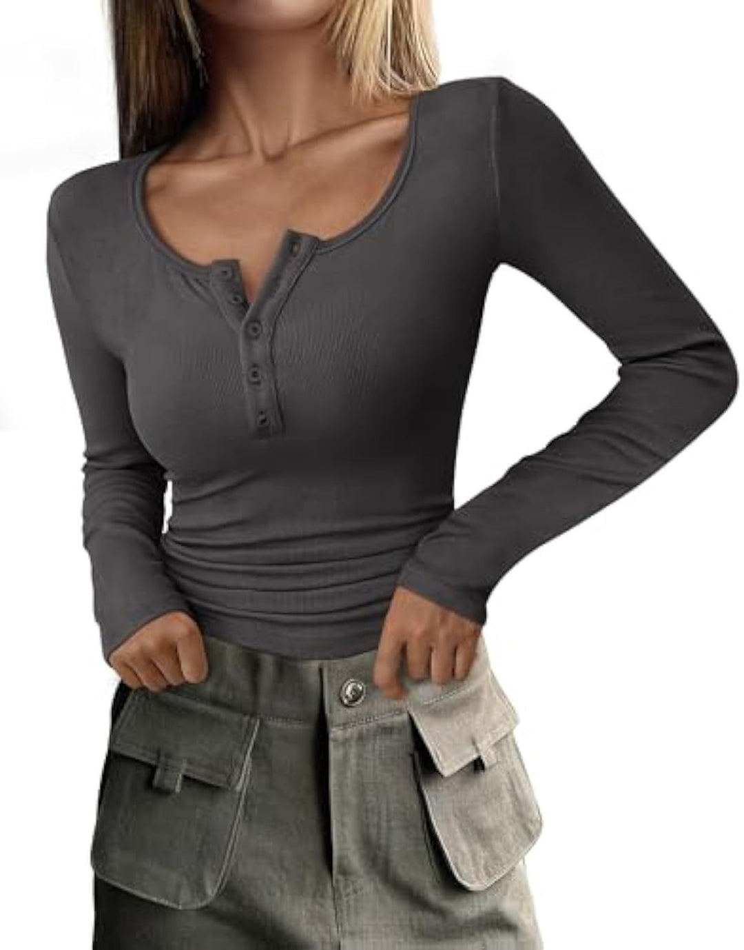 Women Long Sleeve Ribbed Shirt with Henley Button Placket and Tailored Fit Drune