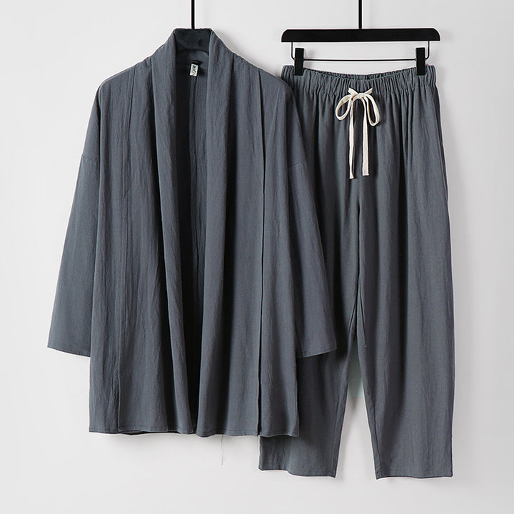 Unisex Lockeres Kimono-Lounge-Set made of lightweight cotton blend with shawl collar and drawstring pants Mune Fashion