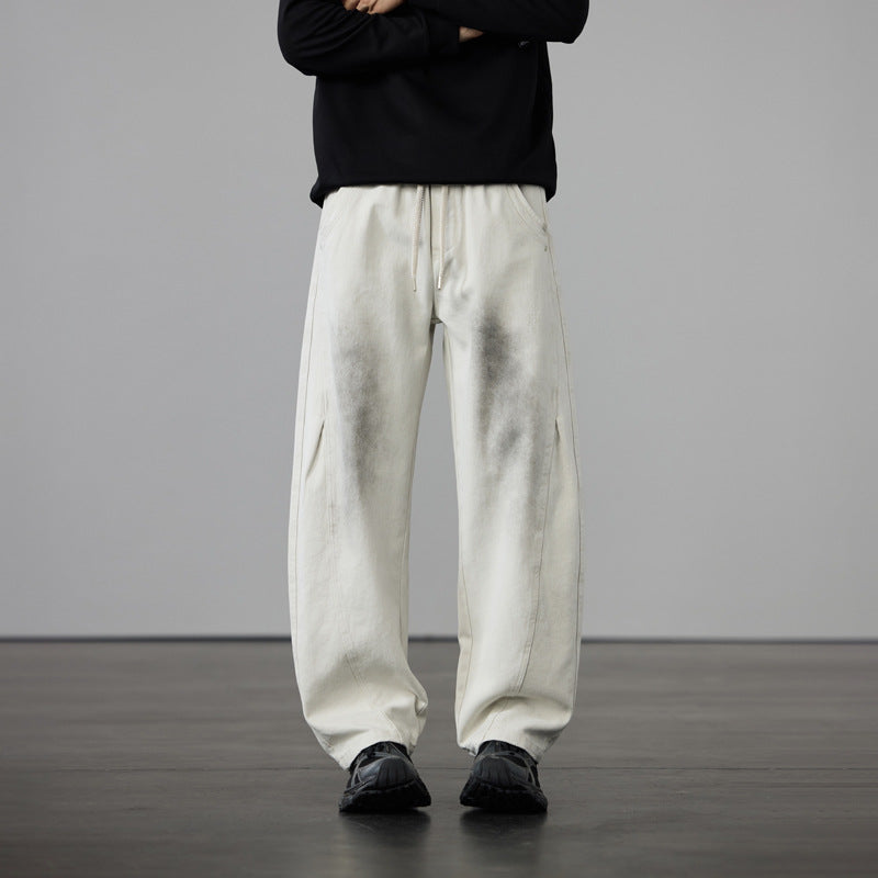 Men's Wide Cotton Drawstring Pants in Vintage Wash Look Mune Fashion