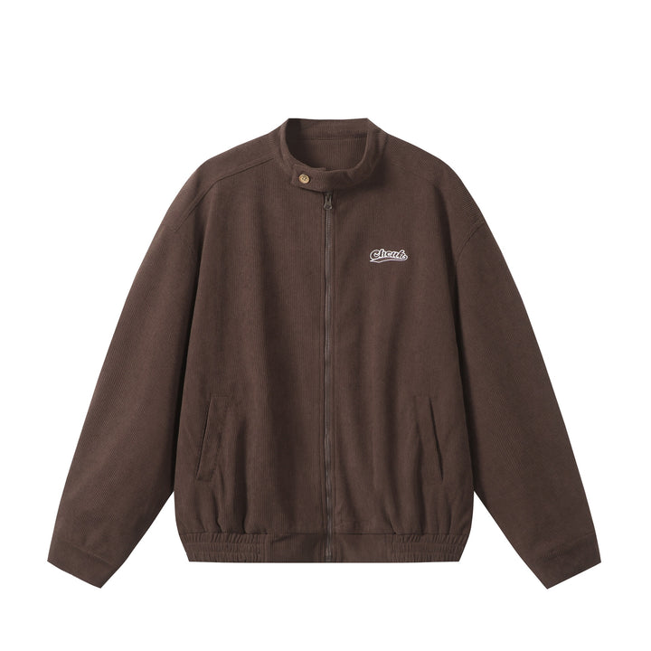 Unisex loose-fitting corduroy blouson jacket with stand-up collar, full-length zipper, and elastic hem Mune Fashion