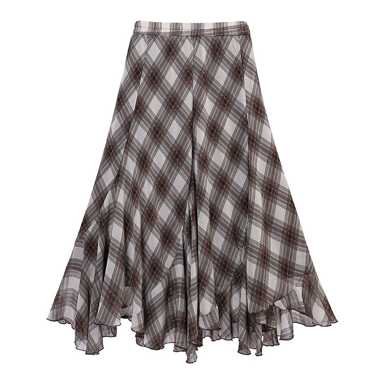 Women's flowing checked circle skirt with asymmetrical hem, Mune Fashion