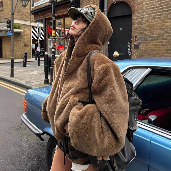 Women's Short Teddy Faux Fur Bomber Jacket with Hood, Wide Ribbed Hem and Two-Way Zipper Mune Fashion