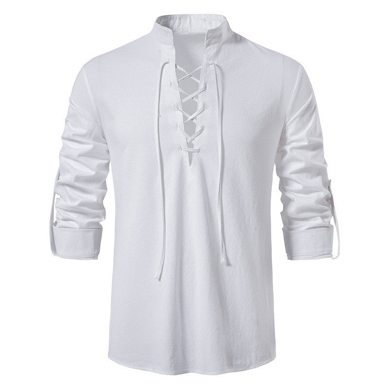 Men's casual lace-up shirt with stand-up collar, linen-cotton blend and roll-up sleeve tabs Mune Fashion