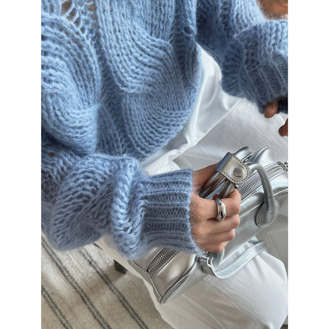 Women's Oversize Mohair-Optic Cable Pattern Sweater with Transparent Effect Mune Fashion