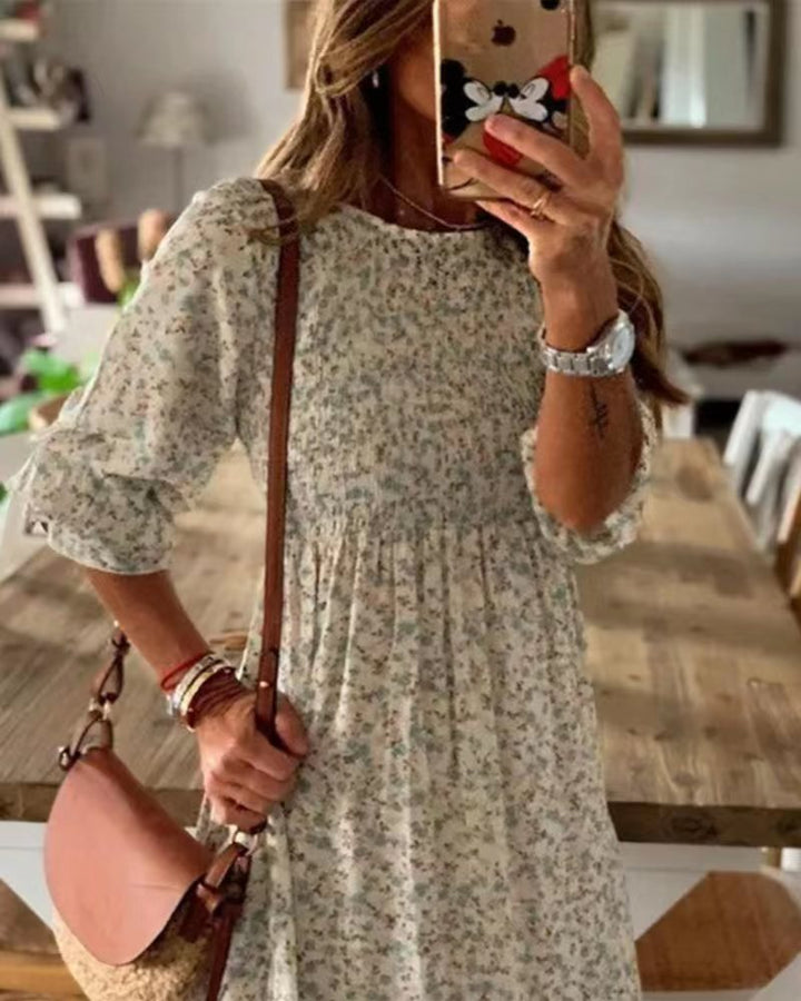 Women nan locker falling babydoll midi dress with gathered under bust, dropped three-quarter sleeves and fine floral print Mune Fashion