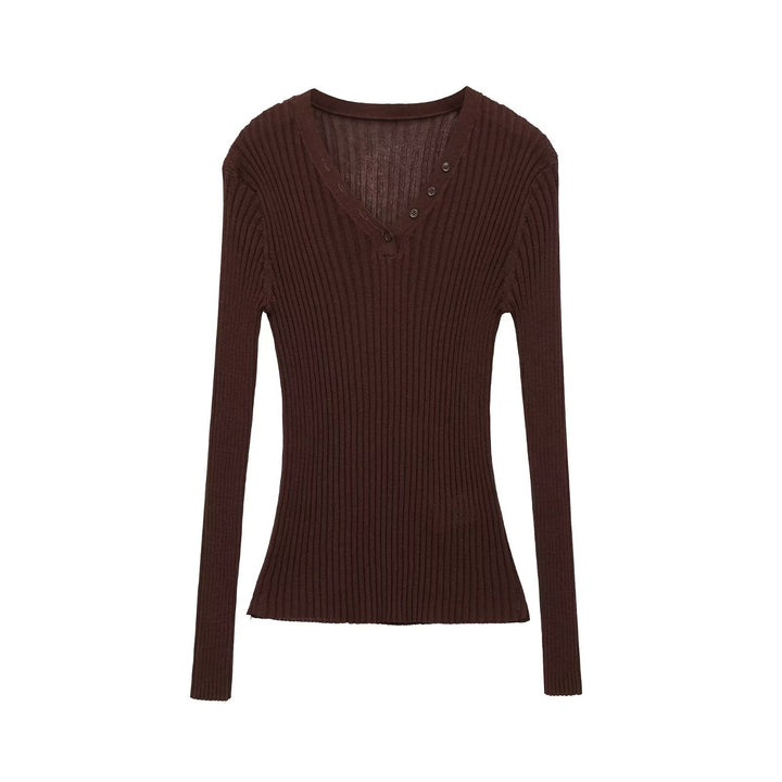 Women Form-fitting Ribbed Long Sleeve with V-neck and Decorative Button Placket Mune Fashion