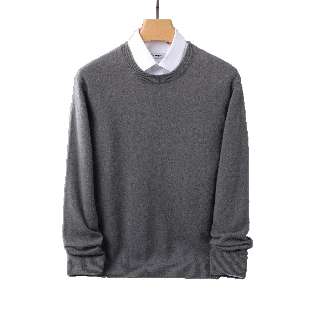 Men's Fine Round Neck Knit Sweater in Cashmere Look with Ribbed Cuffs Mune Fashion