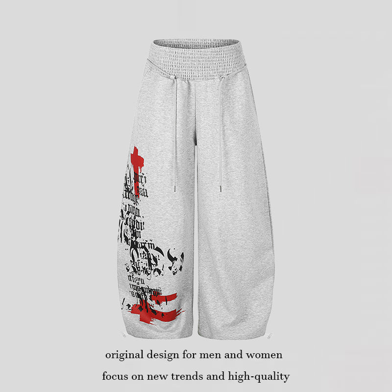 Women Extra Wide Balloon Palazzo Sweatpants with Ribbed Comfort Waistband, Drawstring and Typographic Gothic Print Mune Fashion