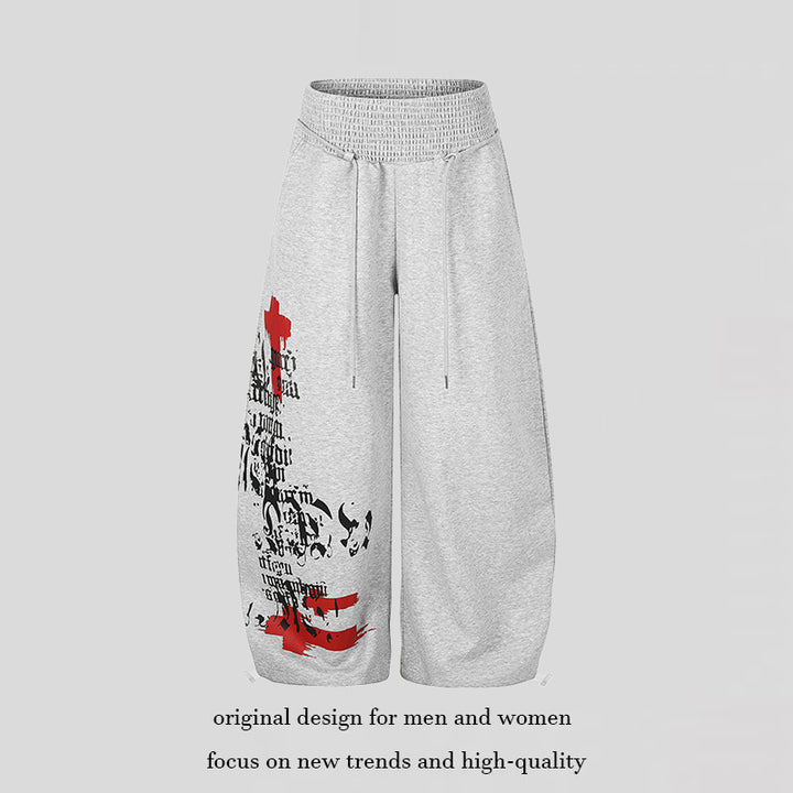 Women Extra Wide Balloon Palazzo Sweatpants with Ribbed Comfort Waistband, Drawstring and Typographic Gothic Print Mune Fashion
