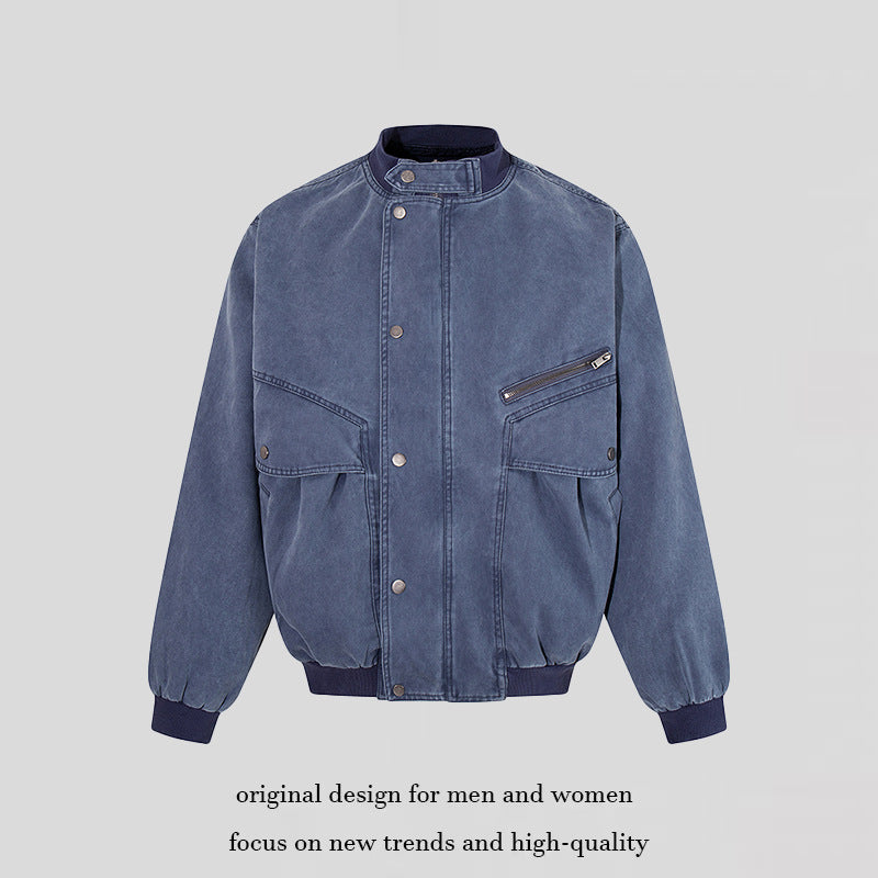 Men's Oversize Bomber Jacket in Vintage Wash with Stand Collar and Utility Pockets Mune Fashion