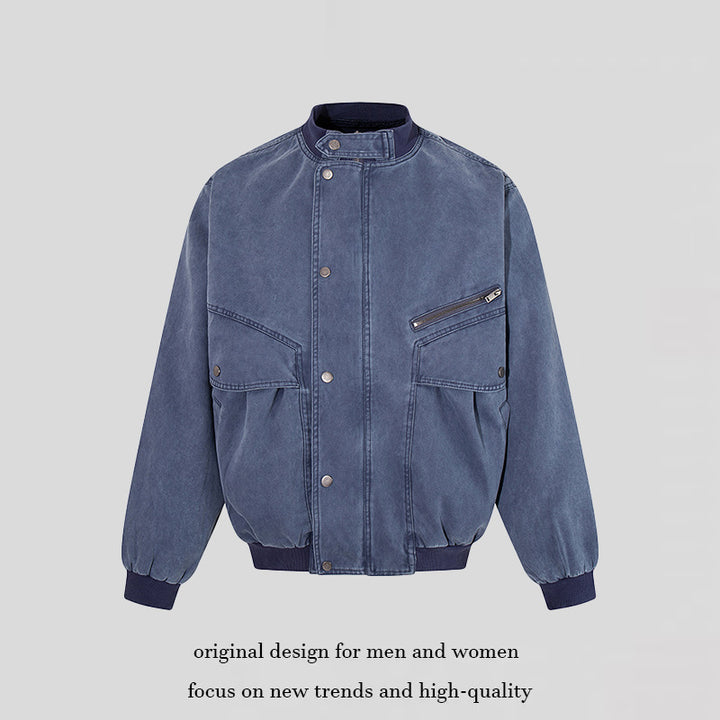Men's Oversize Bomber Jacket in Vintage Wash with Stand Collar and Utility Pockets Mune Fashion