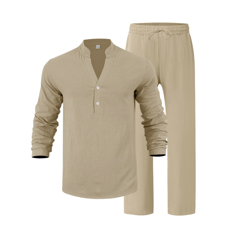 Men's nan casual Henley set in lightweight linen look with stand-up collar and elastic drawstring pants Mune Fashion
