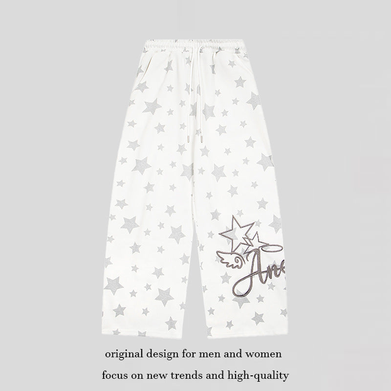 Women's extra wide palazzo lounge pants made of French terry with comfort waistband, drawstring, and all-over star print
