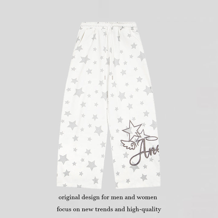 Women's extra wide palazzo lounge pants made of French terry with comfort waistband, drawstring, and all-over star print