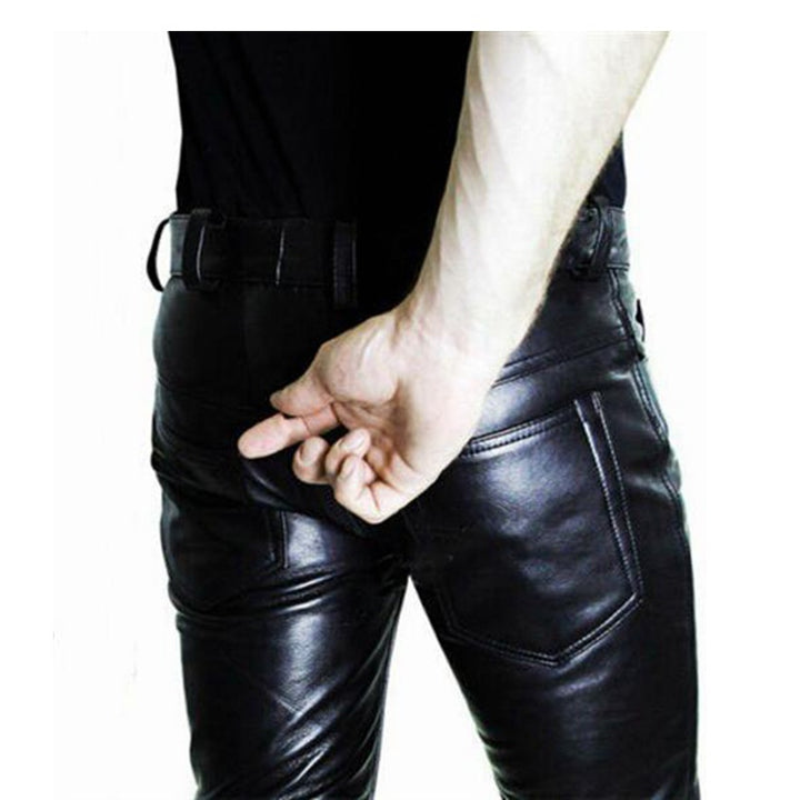 Men's Tight-Fitting Pants in Leather Look with Slim Silhouette and Snap Button Waistband Mune Fashion