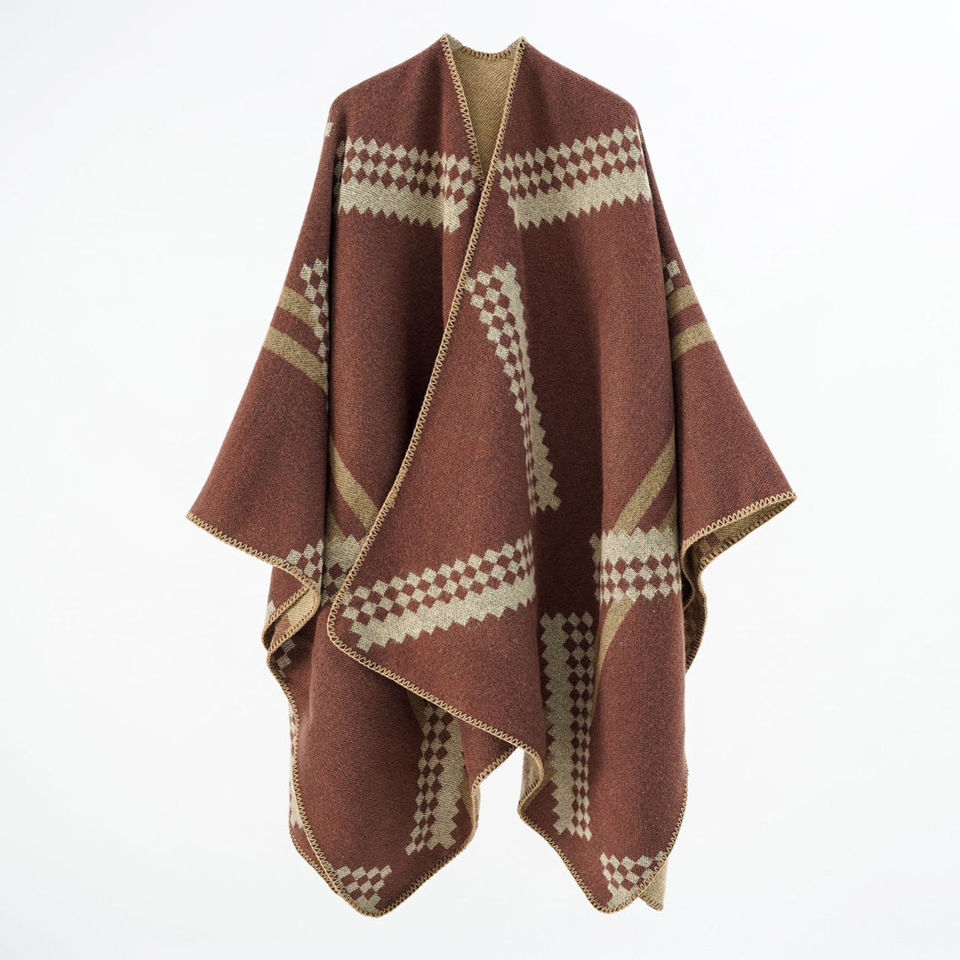 Women's Oversized Poncho Cape made of Wool Blend with Geometric Jacquard and Decorative Stitching Mune Fashion