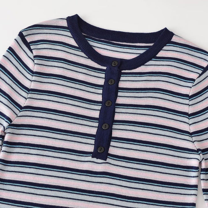 Women's fine knit Henley shirt with fine stripe structure and button placket Mune Fashion