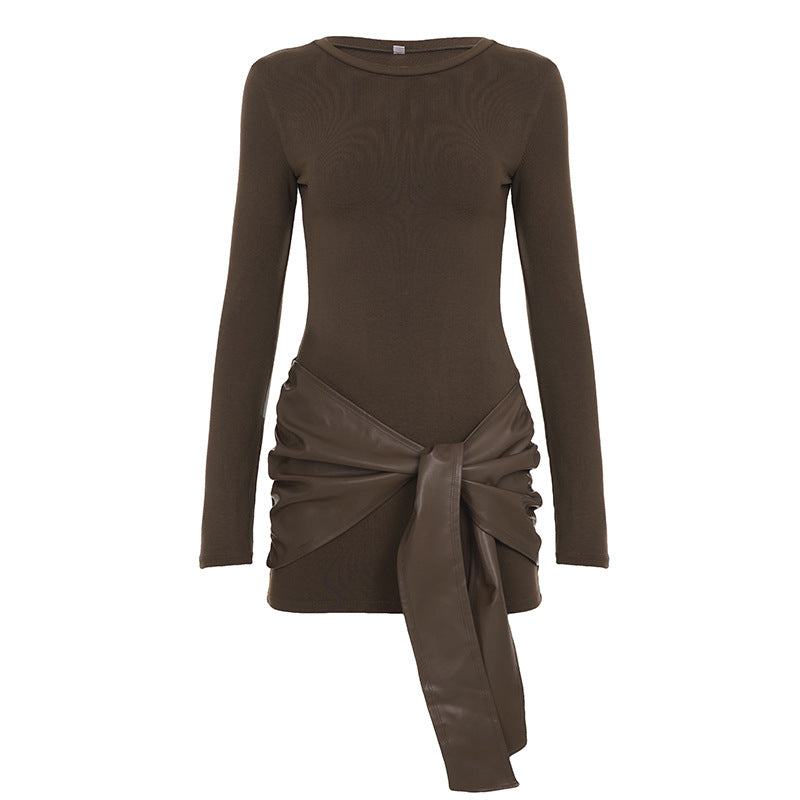 Women's tailored long sleeve mini dress with faux leather wrap waistband and draped detail Mune Fashion