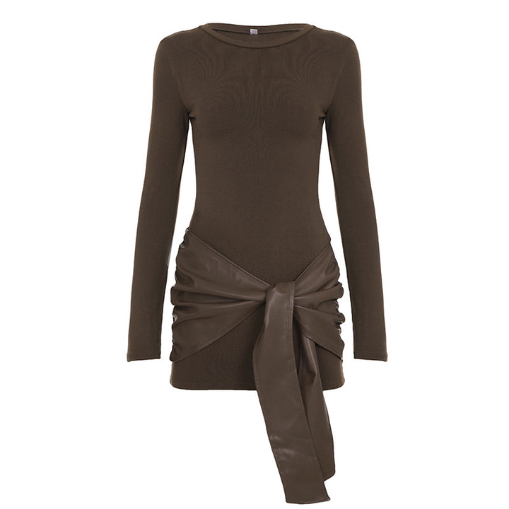Women's tailored long sleeve mini dress with faux leather wrap waistband and draped detail Mune Fashion