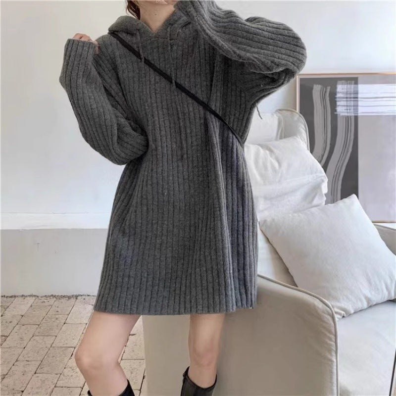 Women’s knitted hoodie dress with ribbed texture and oversized silhouette Mune Fashion