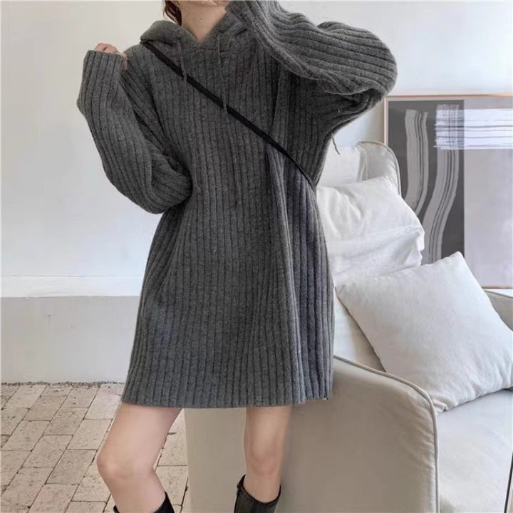 Women’s knitted hoodie dress with ribbed texture and oversized silhouette Mune Fashion